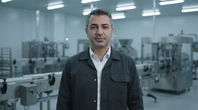 Aynı kişi üretim atölyesinde, iş ceketiyle
