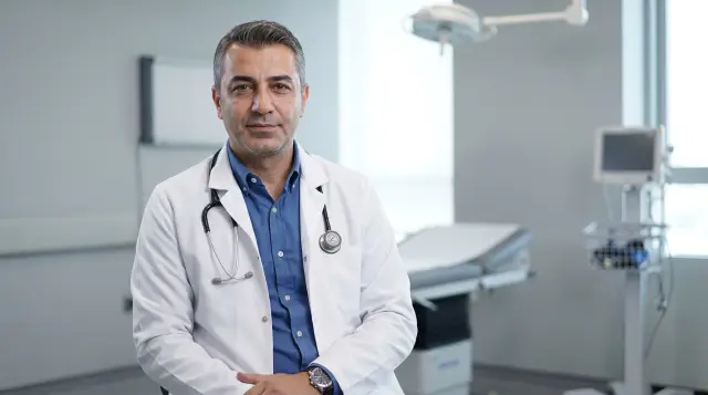 Aynı kişi klinikte, beyaz önlükle