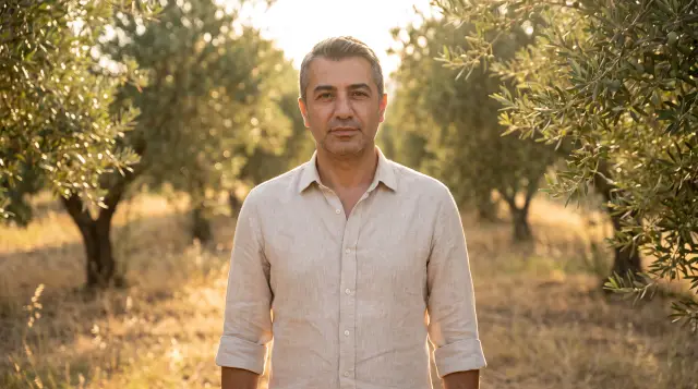 Aynı kişi zeytinlikte, keten gömlekle